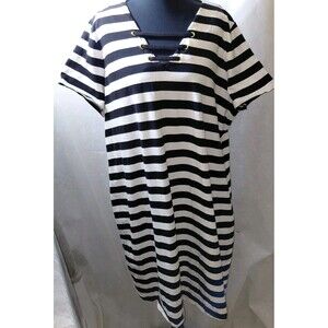 Michael Kors Shift Dress Womens 2X Black White Striped Stretch Short Sleeve